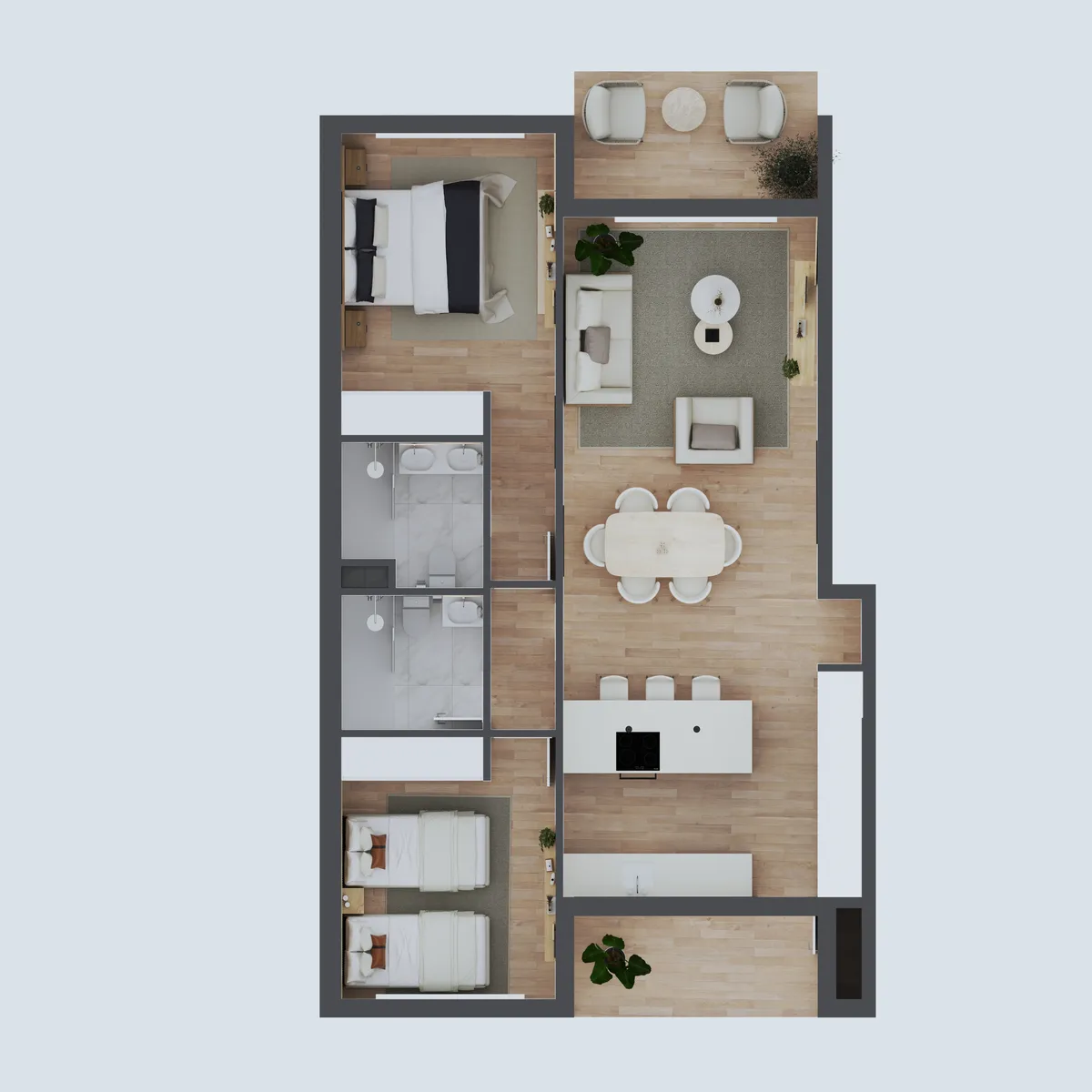 Plano de distribución de una vivienda de dos dormitorios de Alborán One