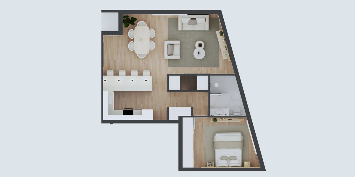 Plano de distribución de una vivienda de un dormitorio de Alborán One
