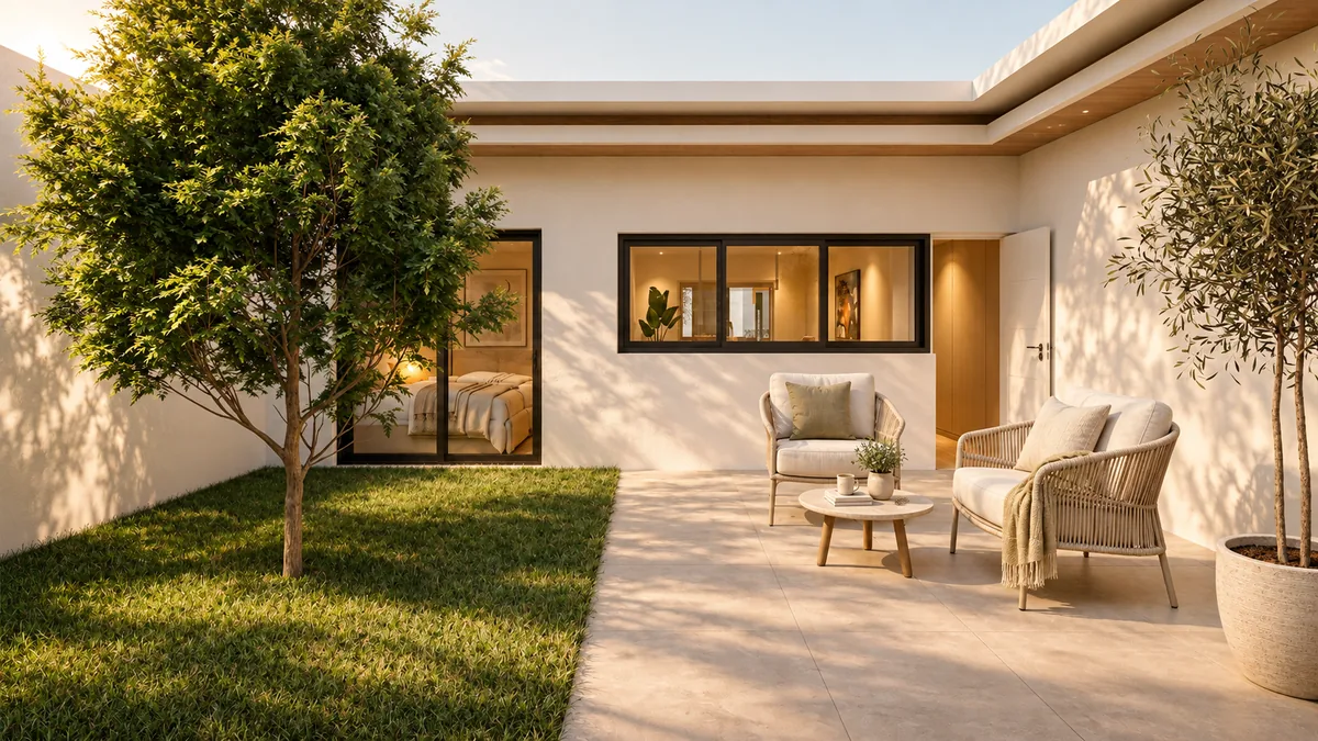 Patio privado de una vivienda de Alborán One en El Palo, Málaga, al atardecer